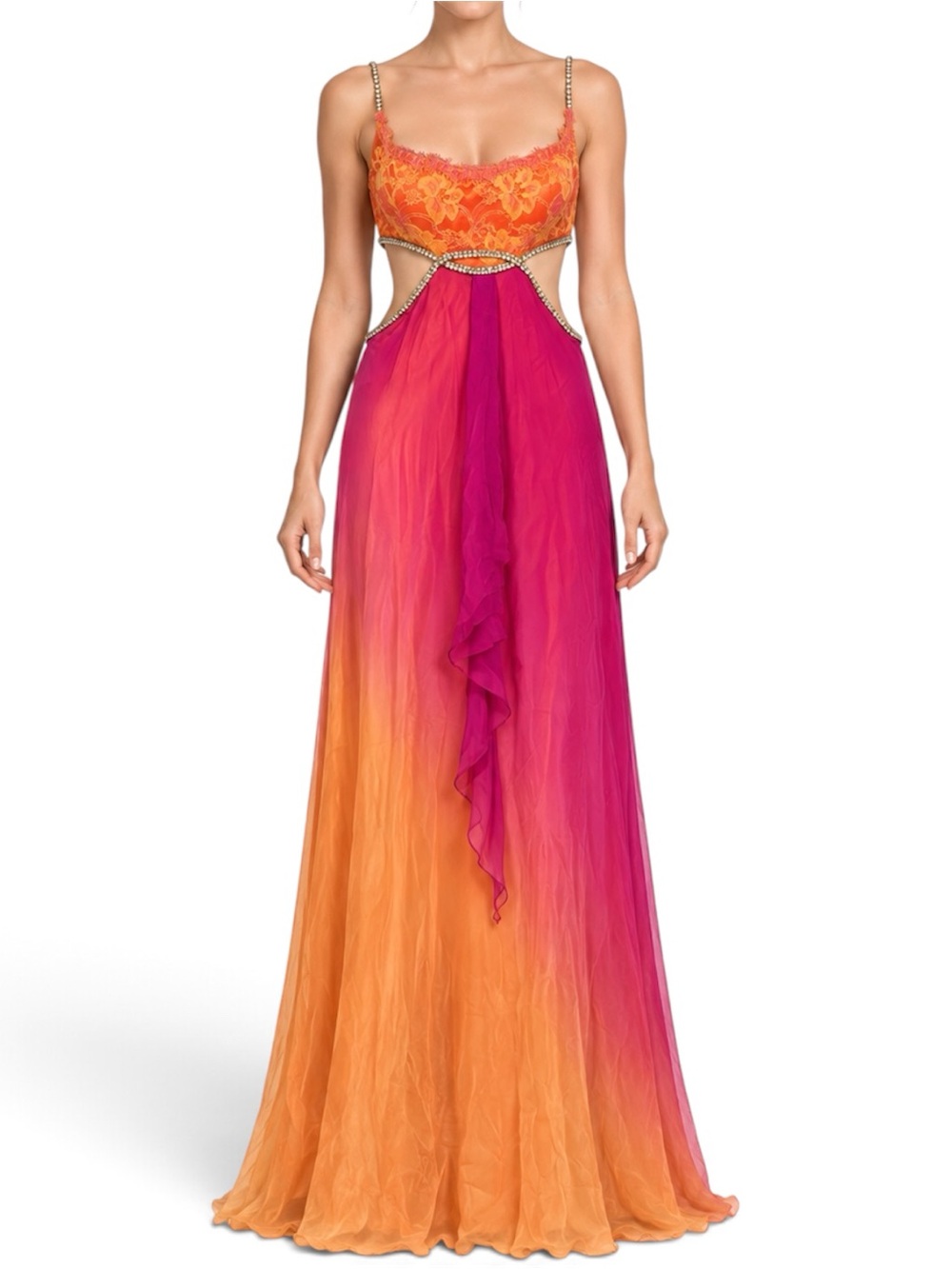 Mary L Couture Pink Orange Ombre Silk Chiffon Lace Rhinestone Cutout Gown Dress